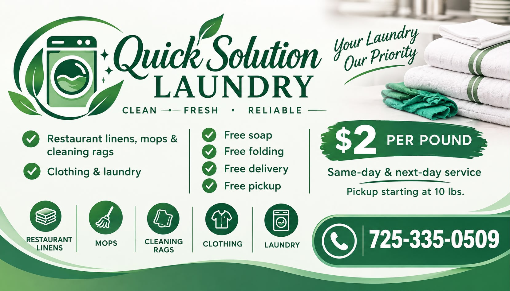 Quick Solution Laundry business card with services, pricing, and phone number